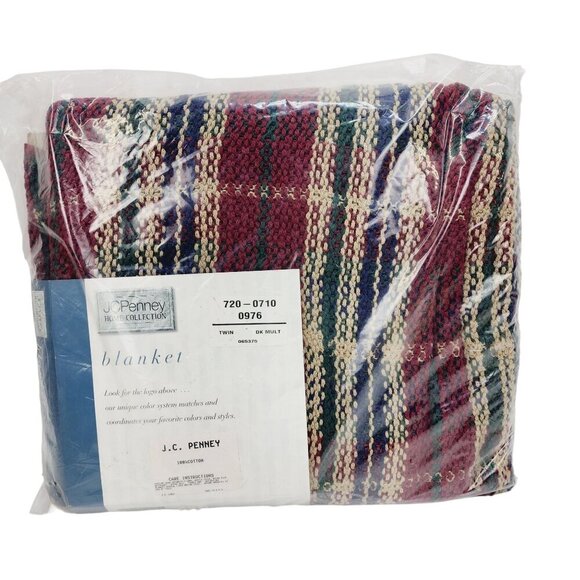 J.C. Penney Home Collection 100% Acrylic Twin Blanket Plaid Design Red/Blue/Crea - Picture 1 of 4